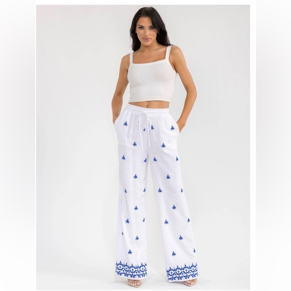 Milk & Honey Pants - Bohemian Wide Leg Embroidered Linen Pants